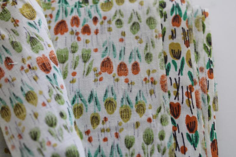 mid-century vintage cotton fabric, tiny tulips floral print, rust orange, teal, lime green