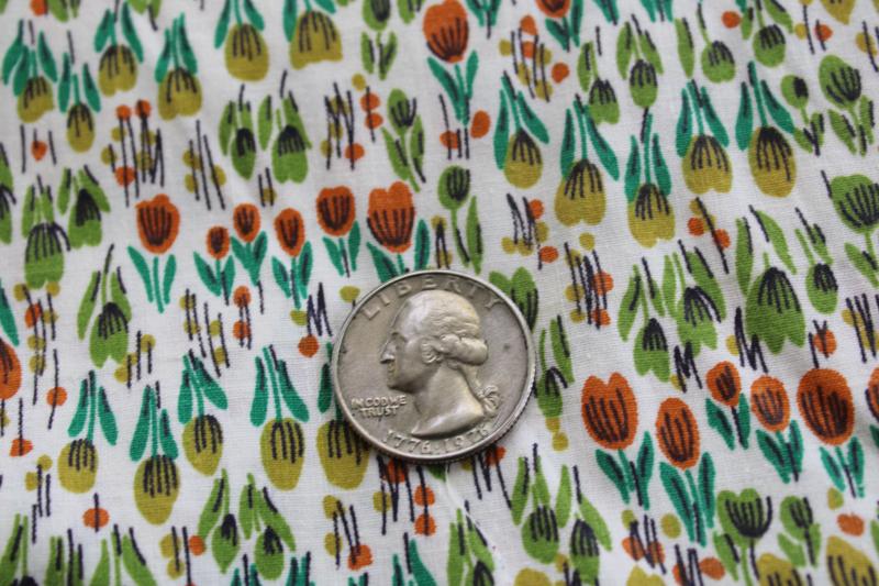 mid-century vintage cotton fabric, tiny tulips floral print, rust orange, teal, lime green