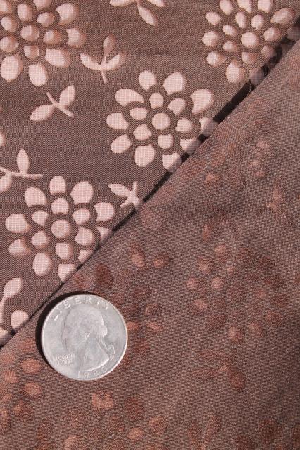 mid-century vintage dress material fabric, chocolate brown w/ sheer flowers, zinnias