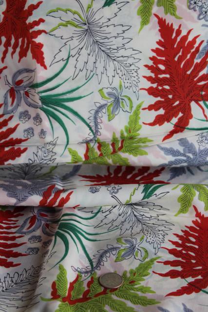 mid-century vintage fabric, bold ferns print silky rayon dress material