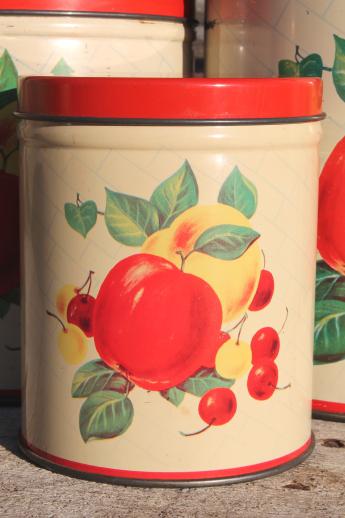 mid-century vintage metal kitchen canisters w/ bright fruit print, retro canister set