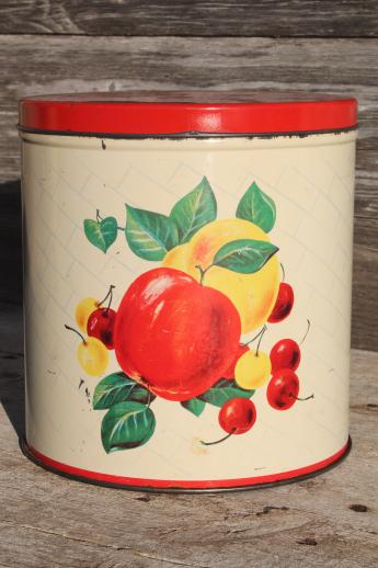 mid-century vintage metal kitchen canisters w/ bright fruit print, retro canister set
