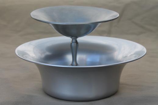 mid-century vintage pewter aluminum serving pieces, mod bowl & pedestal dish