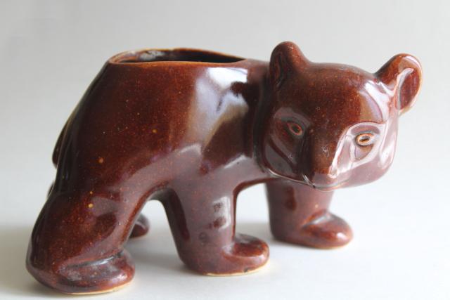 mid-century vintage pottery planter, little brown bear lodge cabin camper western style