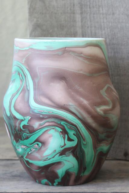 mid-century vintage roadside pottery from Colorado, painted clay vase jade green marbled 