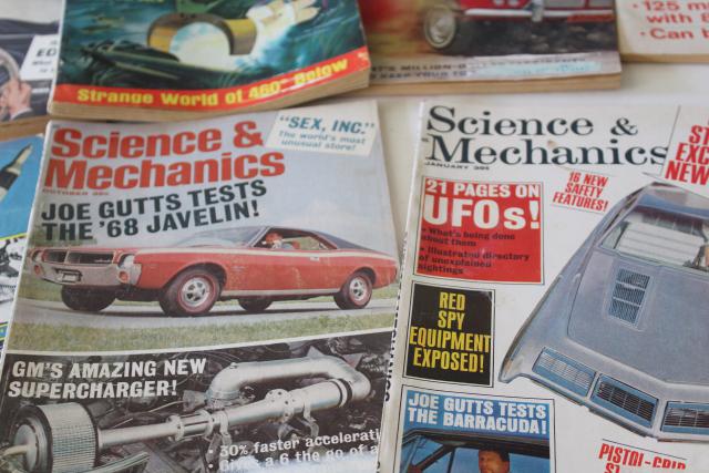 mid-century vintage science magazines w/ pulp covers, hot rods, UFOs, conspiracy theories!