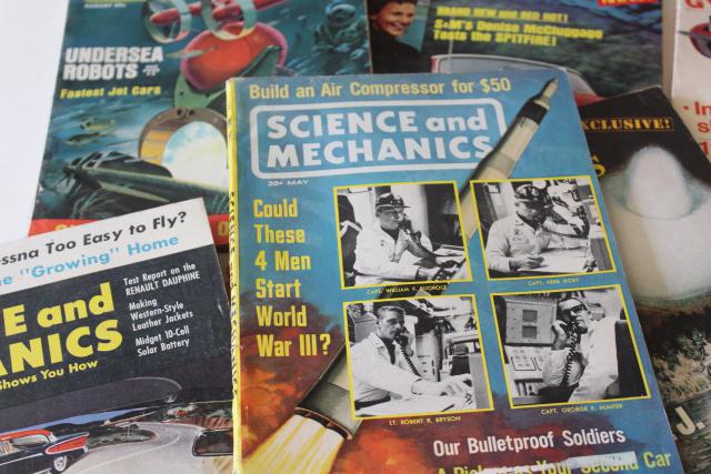 mid-century vintage science magazines w/ pulp covers, hot rods, UFOs, conspiracy theories!