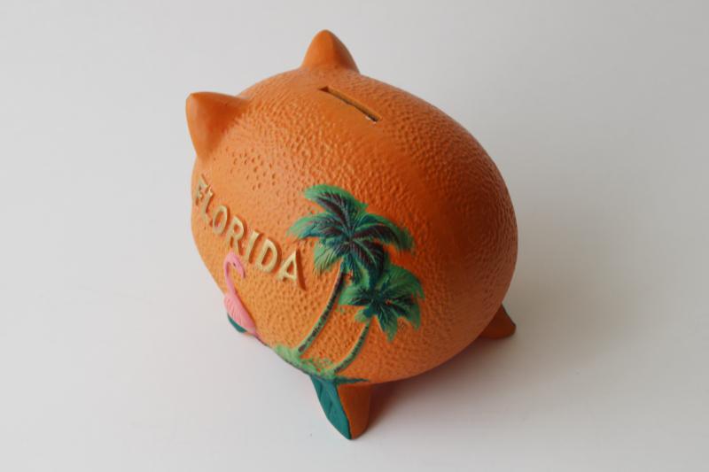 mid-century vintage vacation souvenir piggy bank, Florida orange pig w/ pink flamingo