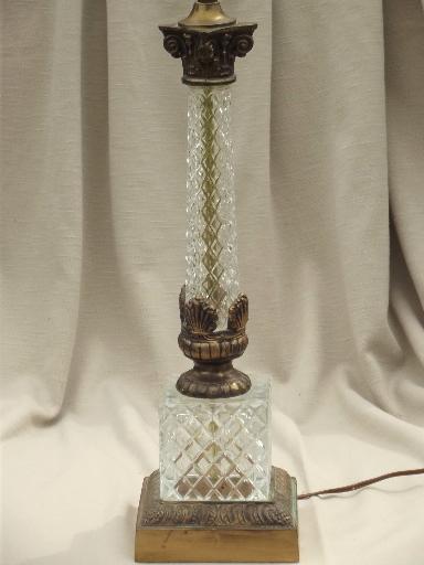 mid-century vintage waffle glass lamp, tall 50s  table lamp glass & gold