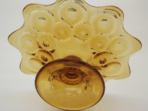 mini cake stand or candle pedestal, vintage moon & stars amber glass