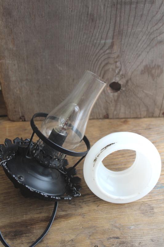 mini hanging light, vintage cast iron bracket candle bulb hurricane lamp w/ milk glass shade