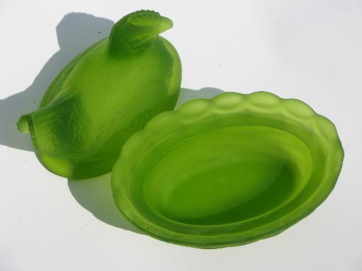 mini hen on nest covered dish, Westmoreland green mist frosted glass