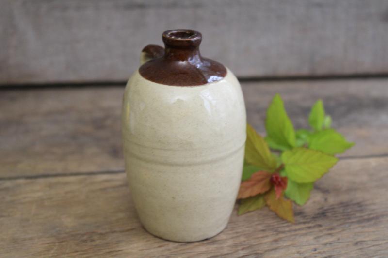 mini pottery jug marked USA, old little brown band stoneware crock bottle