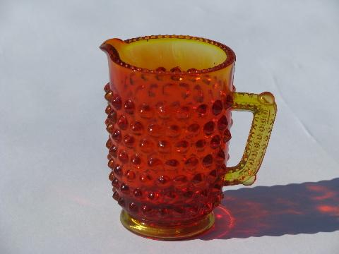 miniature glass pitcher, vintage hobnail pattern glass, amberina orange