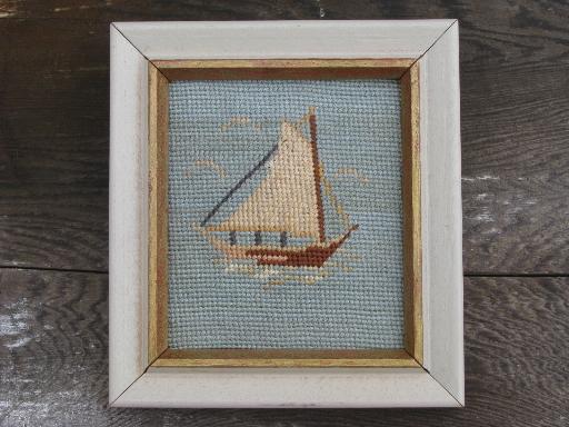 miniature needlepoint pictures, boats on blue in old white wood frames