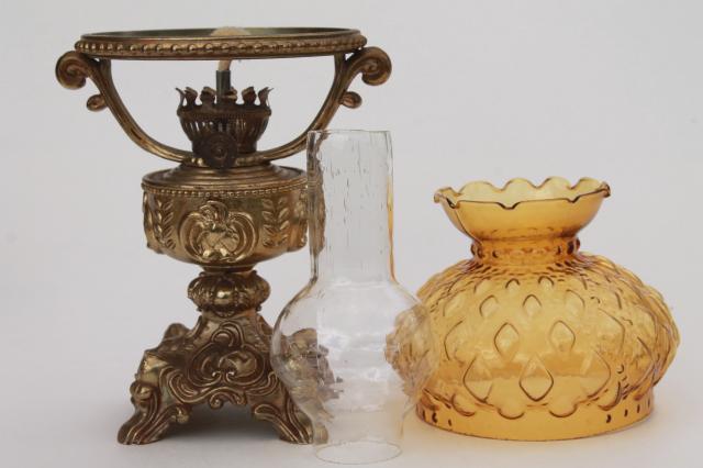 miniature vintage oil lamp w/ amber glass lampshade, small student shade light