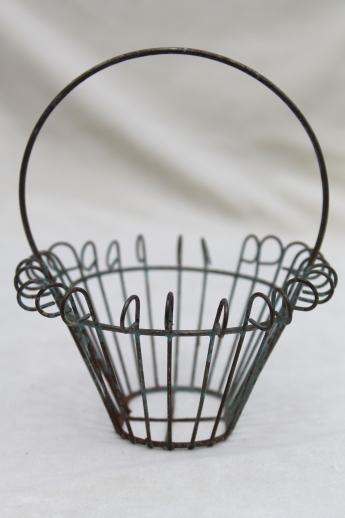 miniature vintage wirework flower basket or fancy wire Easter egg basket w/ old paint