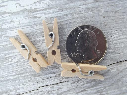 miniature wooden clothespins, tiny working spring type wood clothespins