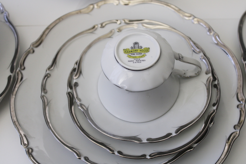 mint condition set for 12, vintage Starlight Harmony House china platinum silver on white