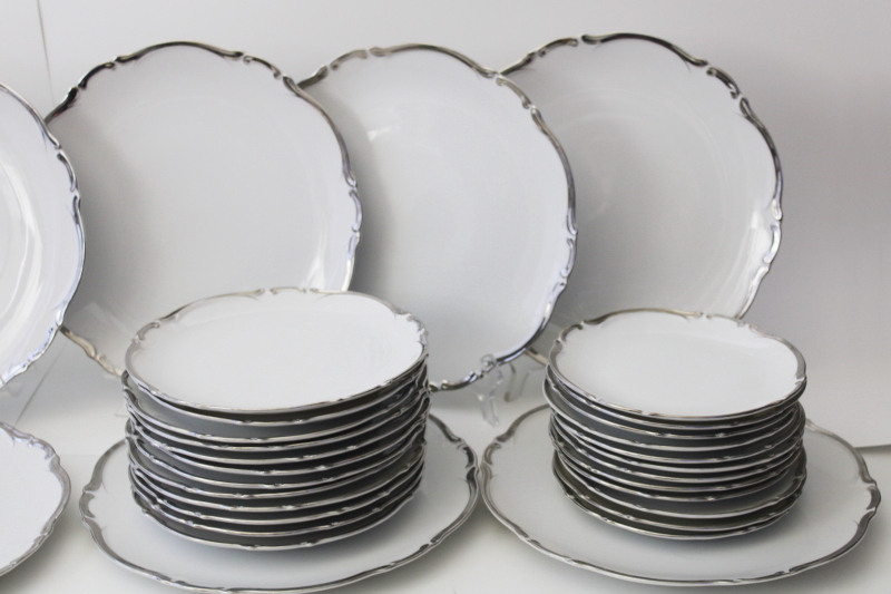 mint condition set for 12, vintage Starlight Harmony House china platinum silver on white
