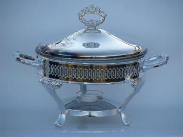 mint in box Oneida silver plate chafing dish, warming stand w/ pan