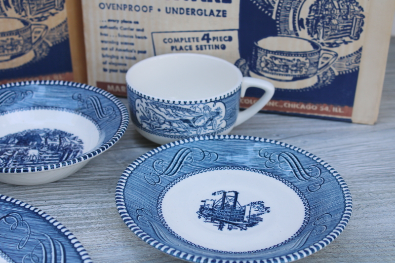 mint in box vintage Royal china Currier Ives Imperial blue and white dinnerware four settings