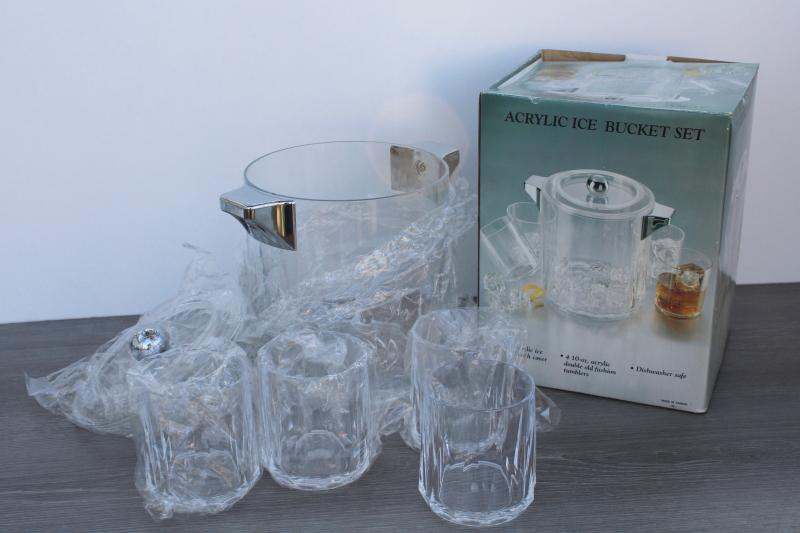 mint in box vintage lucite clear acrylic plastic ice bucket w/ rocks glasses