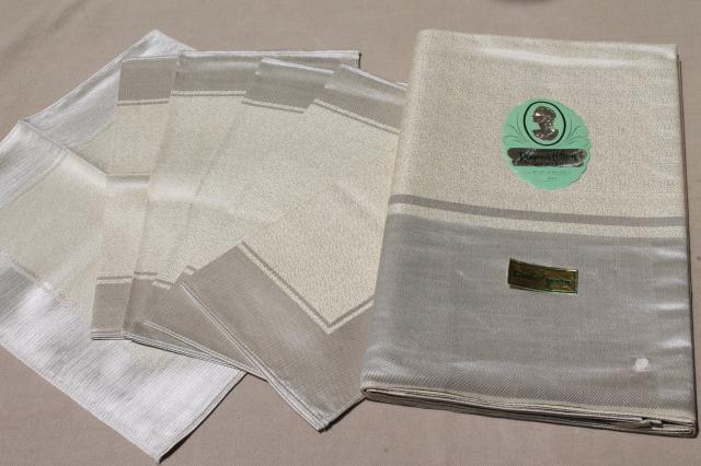 mint in box vintage table linen, silver edged damask tablecloth & napkins set made in Japan