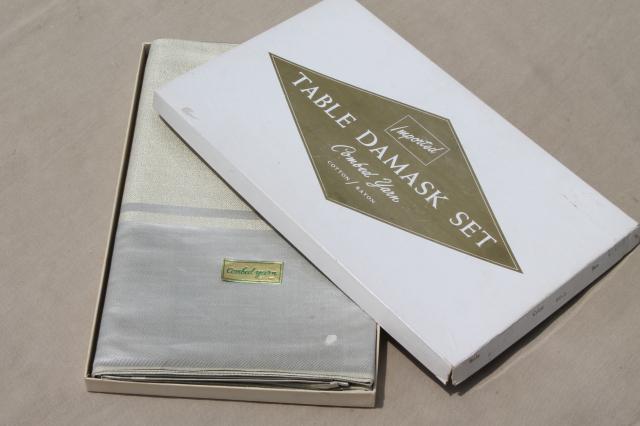 mint in box vintage table linen, silver edged damask tablecloth & napkins set made in Japan