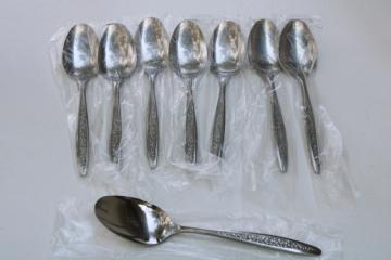 mint in original package 70s vintage Customcraft stainless soup spoons set of 8, mod floral pattern