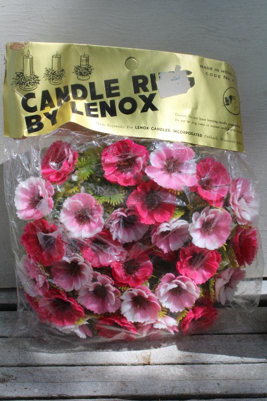 mint in package vintage plastic flowers, retro pillar candle ring, pink!