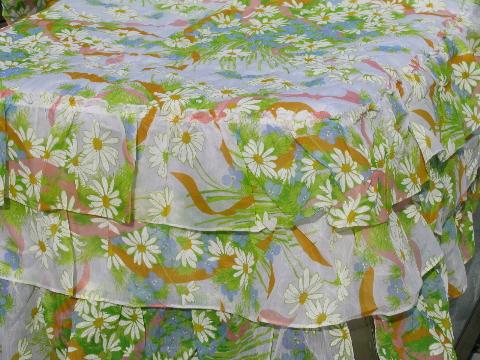 mint unused pair vintage 60s flower print twin bedspreads, sheer ruffles