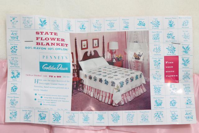 mint vintage Golden Dawn bed blanket, state flower album quilt print rayon plush