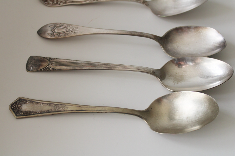 mismatched antique silver plate soup spoons, tarnished worn ornate ...