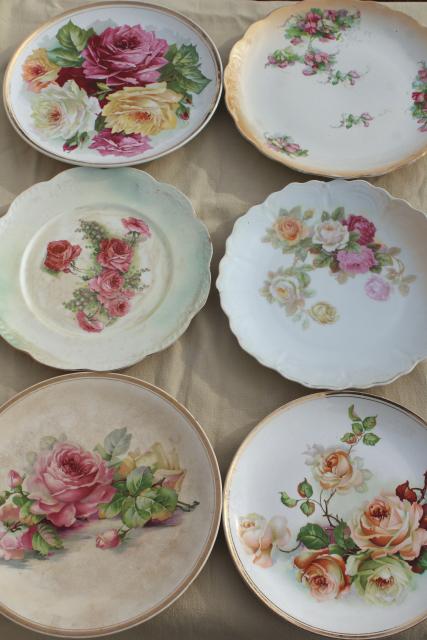 mismatched antique vintage china plates w/ shabby chic roses floral painted flowers