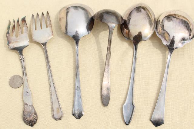 mismatched antique vintage silver plate flatware serving pieces lot, berry spoons etc.