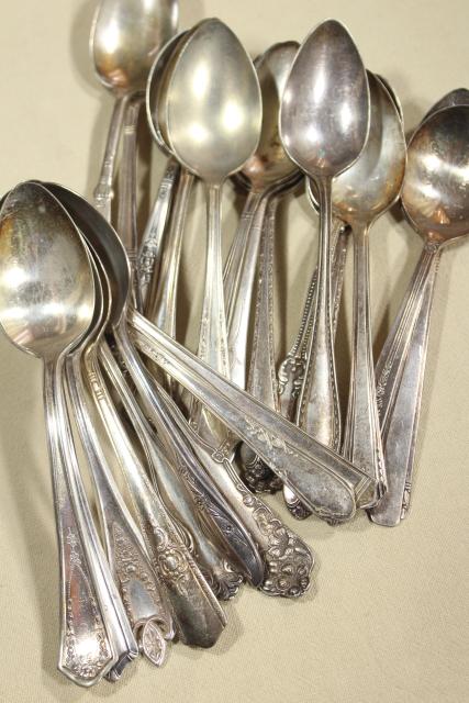 mismatched vintage silverware, 24 different patterns silver plate soup spoons, flatware lot