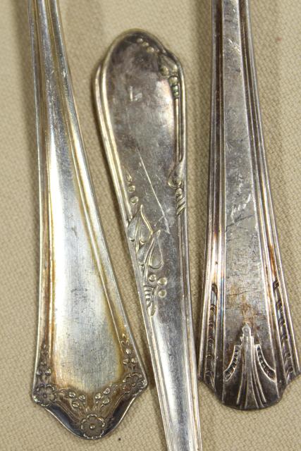 mismatched vintage silverware, 24 different patterns silver plate soup spoons, flatware lot