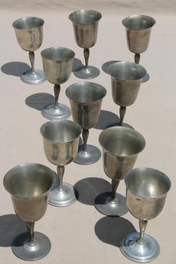 mixed lot antique & vintage pewter goblets, medieval style banquet table wine glasses