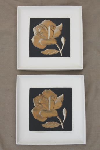 mod 1950s black & white wall plaques w/ gold roses, chalkware wall art set