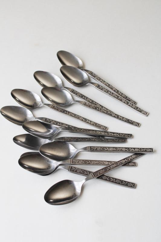 mod 70s vintage Mexicali Rose Interpur Japan stainless flatware, 12 soup spoons
