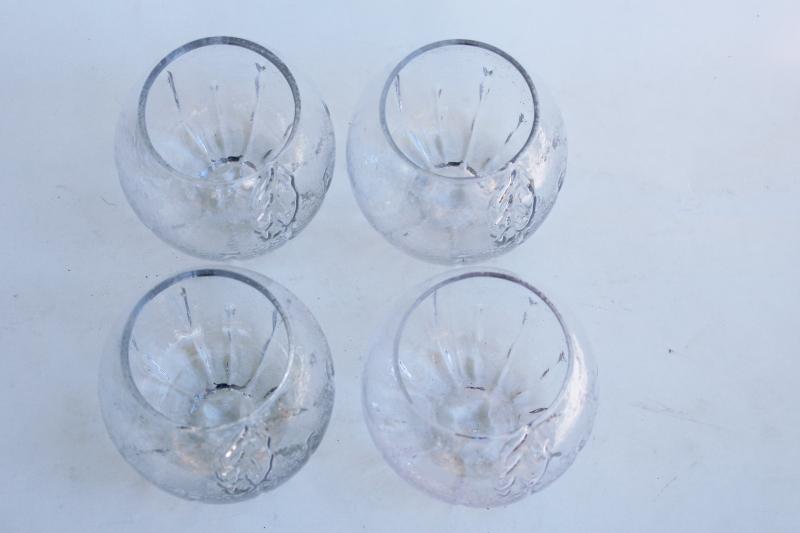mod barware, big round roly poly drinking glasses, clear glass fruit shape tumblers