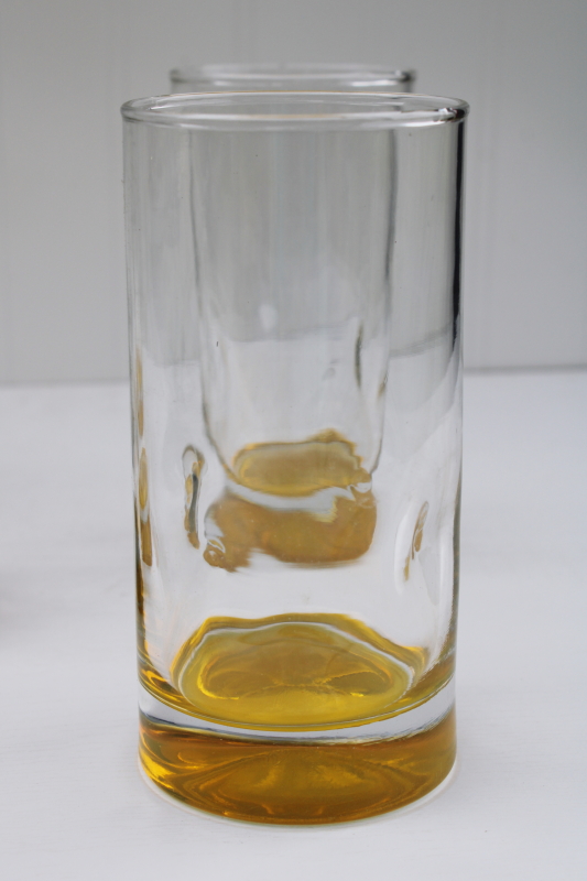 mod dimple shape tumblers, amber yellow base clear glass collins highballs drinking glasses