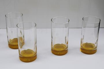 mod dimple shape tumblers, amber yellow base clear glass collins highballs drinking glasses