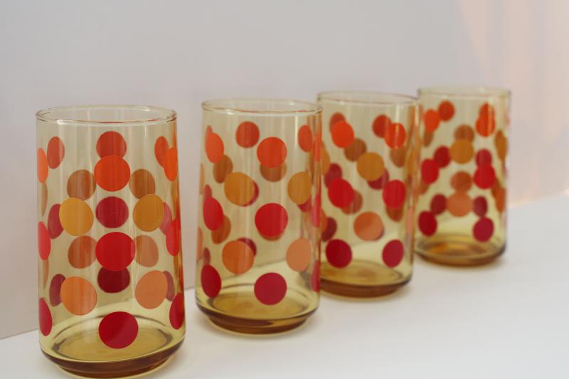 mod dots vintage amber glass drinking glasses set, polka dotted tumblers