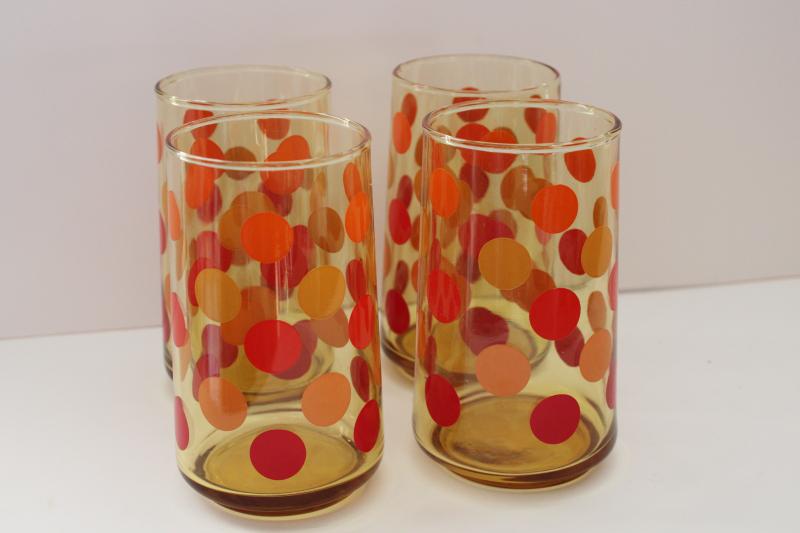 mod dots vintage amber glass drinking glasses set, polka dotted tumblers