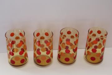 mod dots vintage amber glass drinking glasses set, polka dotted tumblers