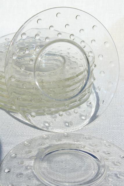 mod dots vintage crystal clear glass salad plates, punty pattern hobnail glass