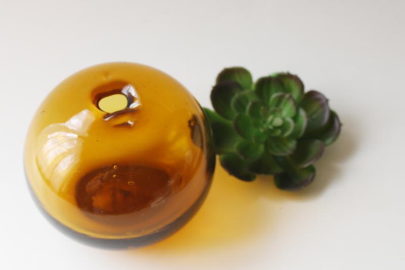 mod hand blown glass vase bubble shape round ball, dark amber brown colored glass
