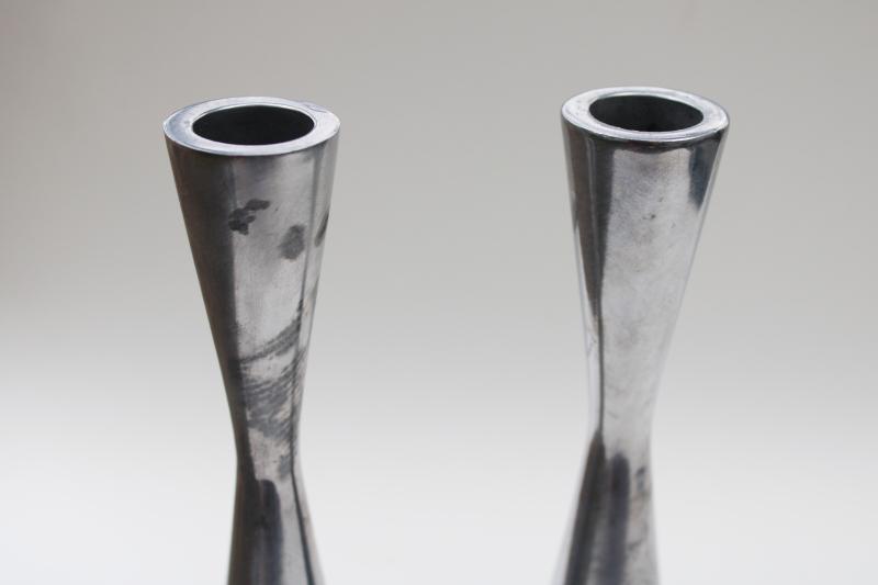 mod metal candle holders, pair tall aluminum candlesticks minimalist flare shape